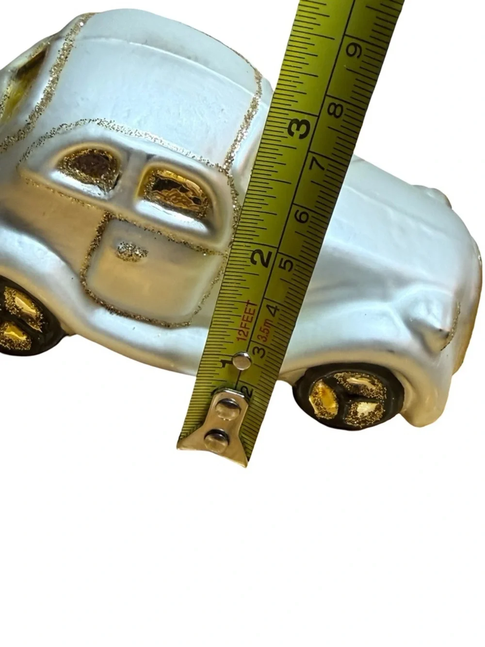 Pearlescent White Vintage Car Ornament with Gold Accents